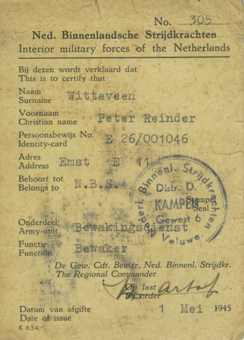 1945 Bewijs Bewakingsdienst BS